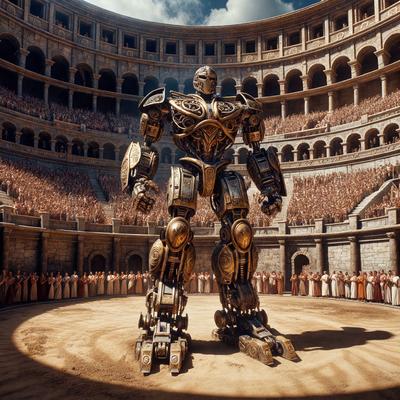 The primary subject of the image is a large robot, which is the main object, scene, or focus of the image. The robot is standing in a stone-walled arena, which serves as the setting or background. The visual style of the image is a combination of photo and digital art, creating a unique and intriguing atmosphere. The dominant colors in the image are gold and brown, which contribute to the overall mood and tone of the scene.